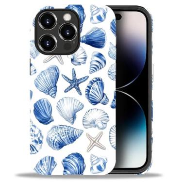 Imagem de CARLOCA Capa fosca de corpo inteiro compatível com iPhone 14 Pro Max para meninas e meninos, capa rígida à prova de choque para iPhone 14 Pro Max padrão de moda estética azul oceano concha estrela