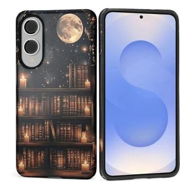 Imagem de Capa para Samsung Galaxy S25 Edge, silicone macio fosco + PC rígido antirriscos de corpo inteiro resistente à prova de choque capa protetora 2 em 1 para mulheres e homens - Gótico Bookshelf Moon