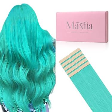 Imagem de MAXITA Extensões de cabelo com fita adesiva de cabelo humano verde-azulado fita em extensões, 10 peças de 25 g 45 cm colorido festa destaque Remy Skin Weft Hair Extensions