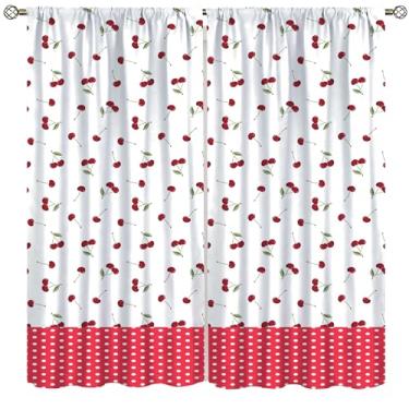 Imagem de Cortina blackout cereja vermelha, frutas de verão, bolinhas, cortinas de janela desenhadas à mão, para cozinha, quarto, café, sala de jantar, escritório, sala de estar, 106,7 x 114,3 cm