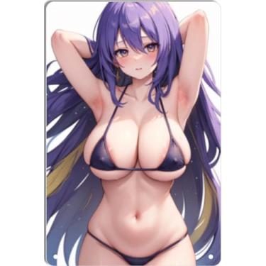 Imagem de DKLOWK Bikini Sexy Anime Girl Hot Metal Poster Placa de Decoração de Parede para Casa Bar Clube Quarto Banheiro Homem Caverna Otaku 20 x 30 cm
