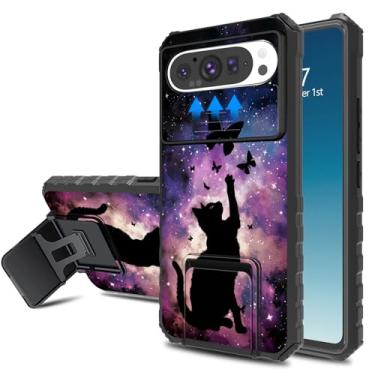 Imagem de WZCJDHMJ Capa para Google Pixel 9 Pro XL com capa de câmera deslizante e suporte embutido, capa protetora de camada dupla à prova de choque de nível militar para Google Pixel 9 Pro XL, gato astral