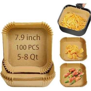 Imagem de Forros de fritadeira a ar de 20 cm, pacote com 100 quadrados de papel pergaminho pré-cortados para cestas de 5 a 8 litros | antiaderente, à prova de óleo e água | Compatível com Ninja, Instant Vortex