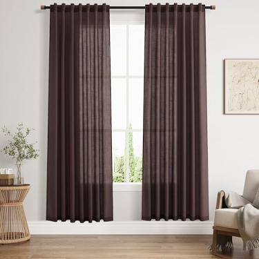 Imagem de Cortinas de linho semitransparentes marrom café 182,88 cm de comprimento para sala de estar/sala de estudo bolso traseiro haste moderna fazenda decoração costeira cortinas de gaze de algodão