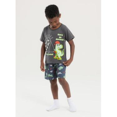 Imagem de Pijama Verão Menino Cinza Camiseta Brilha no Escuro e Bermuda Dino Dor