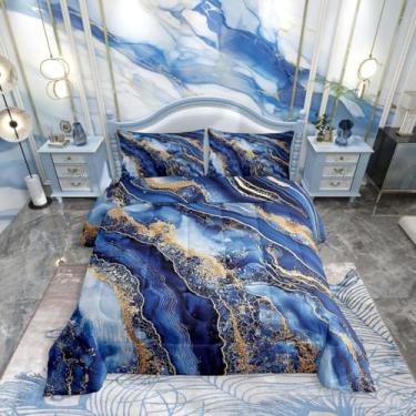 Imagem de Erosebridal Conjunto de edredom King com estampa de mármore em aquarela, para crianças, adolescentes e adultos, conjunto de cama azul tie dye, arte retrô, edredom de pedra dourada para todas as