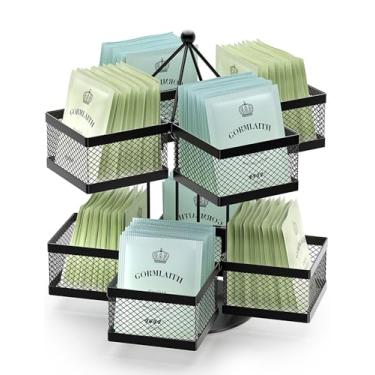 Imagem de Organizador de saquinhos de chá, suporte de armazenamento para saquinhos de chá, carrossel giratório, recipiente para 96 saquinhos de chá, preguiçoso, Susan, café, creme, adoçante, suporte de chá para