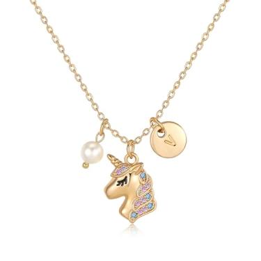 Imagem de chorfla Colar de unicórnio, presente para meninas. Pingente banhado a ouro 14 K, colar de pérolas com inicial A-Z, presentes de aniversário para meninas e crianças, Banhado a ouro, Sem Pedra Preciosa
