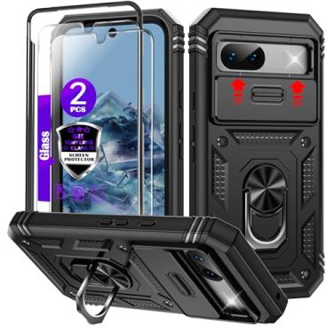 Imagem de Capa para Google Pixel 8A com capa deslizante para câmera, 2 películas de vidro temperado, suporte de anel giratório de 360°, capa protetora de grau militar para Google Pixel 8A 6,1 polegadas - preta