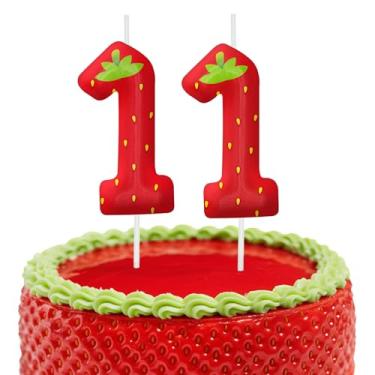 Imagem de Velas de aniversário de morango, decoração de topo de bolo de 6 cm, número 11 velas, decorações de aniversário, decorações de bolo de festa de aniversário, suprimentos de festa