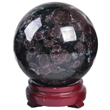 Imagem de AMOYSTONE Bola de pedra granada, esfera de quartzo natural, esfera de cristal de pedra associada à astrofilita com base de madeira