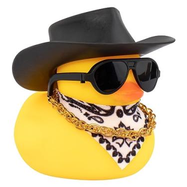 Imagem de wonuu Pato de borracha para carro, painel decorativo de pato amarelo com chapéu de sol, colar de óculos de sol para decoração de painel de carro, chapéu de cowboy preto C-Duck - cachecol