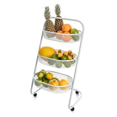 Imagem de Fruteira De Aço Com Rodinhas Carrinho Organizador De Chão 3 Cestos Multiuso Para Cozinha Estrutura Reforçada Metaltec - Branco