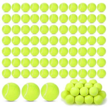 Imagem de Macarrie 100 peças de bolas de tênis pré-cortadas a granel para pernas de móveis, bola de tênis, capas de pés para cadeira de proteção de chão, coberturas de perna de mesa (amarelo)