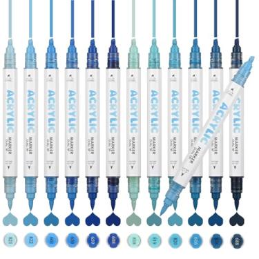 Imagem de ZZWUAPT Marcadores de tinta acrílica de ponta dupla azul, canetas de tinta acrílica para pintura rupestre, tecido de madeira, tela, vidro, plástico, arte, kit de suprimentos de pintura (ponta de