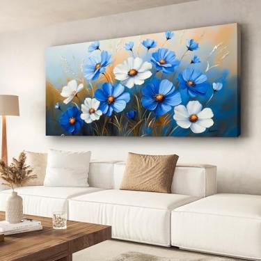 Imagem de Pintura a óleo de paisagem de flores, decoração de parede, azul e branco, decoração de parede grande, arte moderna, moldura interna de madeira, impressão de fotos em tela de alta resolução, sala de