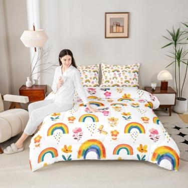 Imagem de Manfei Jogo de cama casal de desenho animado arco-íris, borboleta floral aquarela, 3 peças, edredom fofo de princesa para todas as estações, decoração de quarto de meninos e meninas, 2 fronhas, sem