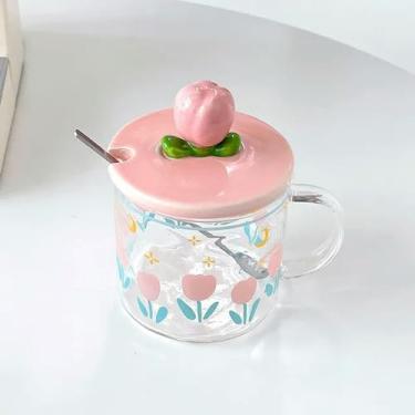 Imagem de INSTR Copo de vidro tulipa vento grande capacidade copo de café água colher brilhante bonita com tampa copo de café da manhã