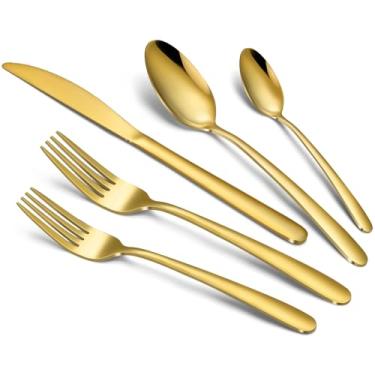 Imagem de Conjunto de talheres dourados – Conjunto de talheres de aço inoxidável com 20 peças para 4, inclui garfos, colheres e facas, conjuntos de utensílios para cozinha doméstica, restaurante, lavável na