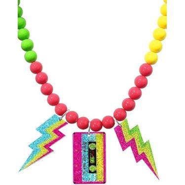 Imagem de Zszkoz Colar dos anos 80 com contas neon para mulheres, relâmpago/fita neon dos anos 80, acessórios de fantasia, lembrancinhas de decorações de festa dos anos 80, Small, Acrílico, Sem Pedra Preciosa