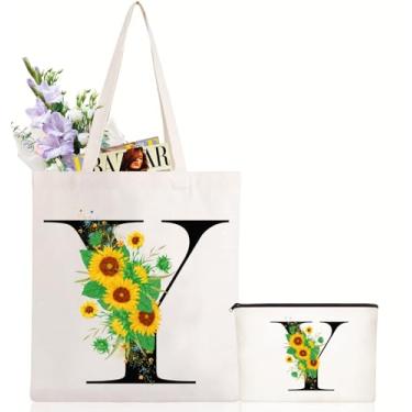Imagem de Andeiltech Sacola de lona inicial com letra de girassol bolsa de maquiagem personalizada presente com monograma para damas de honra aniversário casamento, Letra de girassol - y, One Size