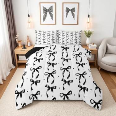 Imagem de Erosebridal Conjunto de edredom completo com laço preto com laço e laço para decoração de quarto de meninas, lindo conjunto de colcha com laço preto e fita estética, 2 fronhas