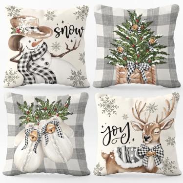 Imagem de BoopZilla Conjunto de 4 capas de travesseiro de Natal 45,7 x 45,7 cm, capas de travesseiro decorativas para férias de inverno, design fofo de boneco de neve-rena-luvas-eucalipto, decoração