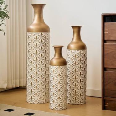 Imagem de Vasos decorativos de metal, branco e dourado, padrão Art Déco, conjunto de 3 peças, formato cilíndrico