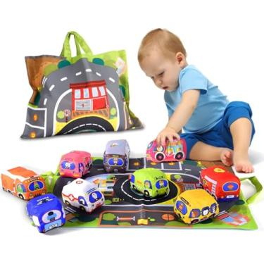 Imagem de Kit de Carrinhos de Brinquedo com Tapete de Cidade – 7 Peças Educativas para Bebês e Crianças – Carros Coloridos com Tapete Dobrável para Brincar - MJ BRANDS