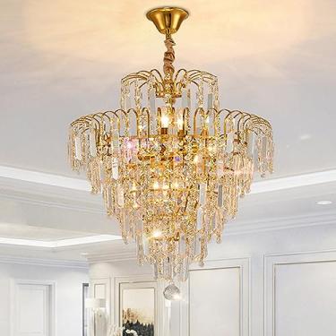 Imagem de Lustre de cristal de luxo para hall de entrada de 2 andares, luminária embutida redonda dourada, luminária pendente de teto elegante em forma de gota de chuva para sala de jantar, sala de es