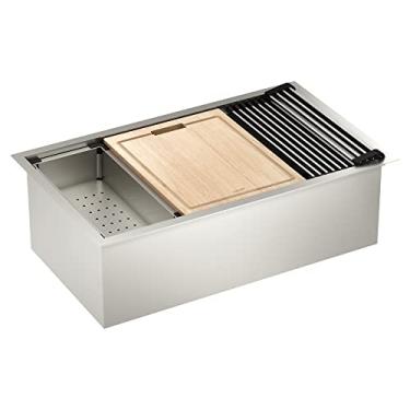 Imagem de Moen Pia de estação de trabalho de aço inoxidável de calibre 18 de 81 cm x 48 cm, inclui tábua de corte, suporte de secagem flexível, escorredor, grade de pia inferior e dreno, GS181020BUX