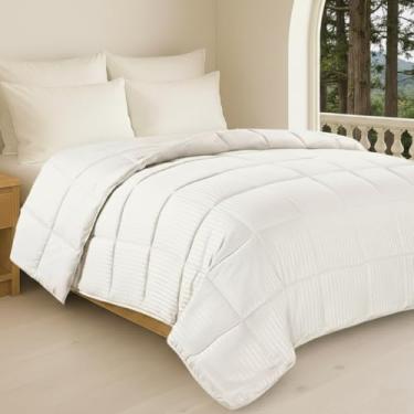 Imagem de Edredom Toque de Plumas Dupla Face, Microfibra Plumage Liso e Stripe Quadriculado (Branco Stripes, Queen)