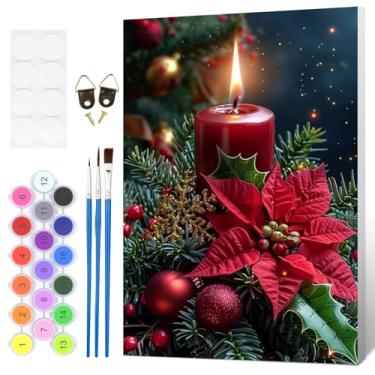 Imagem de HEIBAGO Kit de pintura emoldurada de Natal por números para adultos, pintura por números para adultos iniciantes, kits de pintura por números vela em tela, pintura por números para presente decoração