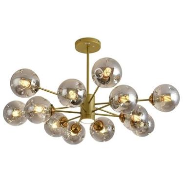 Imagem de Lustre de vidro dourado Sputnik, luminária de teto com holofote LED, bola preta âmbar, luminária moderna de meados do século para sala de estar, sala de jantar, cozinha, quarto