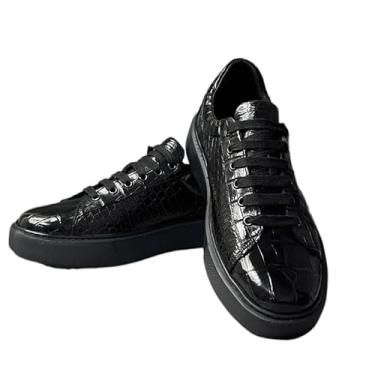 Imagem de Tênis masculino autêntico de couro de crocodilo exótico com sola preta transparente couro de jacaré genuíno masculino casual macio com cadarço, Preto, 41