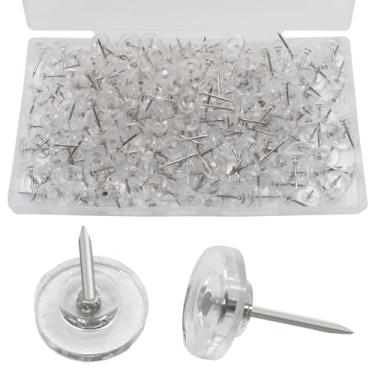 Imagem de Biaungdo 250 peças de pinos planos transparentes, tachinhas de polegar de cabeça redonda de plástico para quadro de cortiça, pregos, ganchos decorativos de parede para quadro de avisos, tapeçarias de
