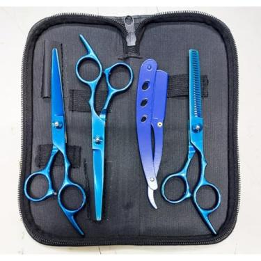 Imagem de Kit Barbeiro, Kit Cabeleireiro, Kit 4 Tesoura Cabelo Fio Desbaste Profissional Aço Inox Barbearia Cor Dourado, Adequado para Cortes de Cabelo Diários(azul)
