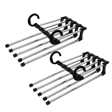 Imagem de Kit 2 Cabides Dobráveis para Calças - 5 Espaços Reforçados em Aço Inox e Plástico Resistente - Organização Versátil