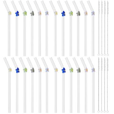 Imagem de 24 canudos reutilizáveis de vidro transparente com 8 peças de escova de limpeza, resistente ao calor, lindos canudos dobrados de flores para smoothies, chás, sucos, milkshakes, coquetéis (24 peças