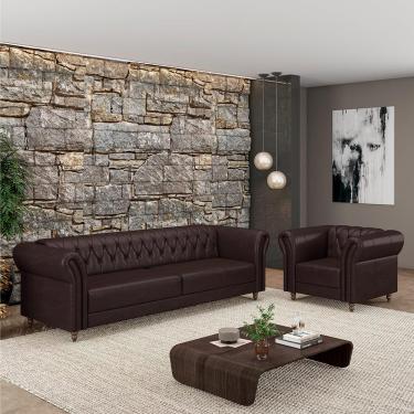 Imagem de Conjunto Sala de Estar 1 Sofá Living 200cm e 1 Poltrona Stanford Chesterfield Pés Madeira Couro Wine Vinho G58 - Gran Belo