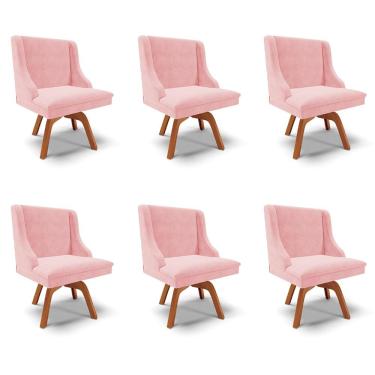 Imagem de Kit 6 Cadeiras Decorativas Sala de Jantar Base Giratória de Madeira Firenze Suede Rosa Bebê/Natural G19 - Gran Belo
