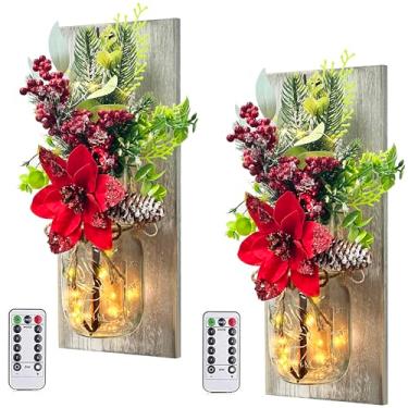 Imagem de Arandelas de parede rústicas para decoração de frascos de pedreiro, design de pendurar de parede feito à mão com controle remoto, luzes LED de fadas e frutas vermelhas, decoração de casa de fazenda de