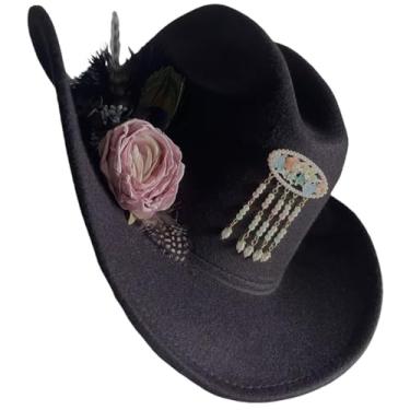 Imagem de Chapéus vintage de aba larga, chapéu de feltro rígido, chapéu panamá ocidental, Outback, chapéu de caubói A, Preto, F, One Size-Medium