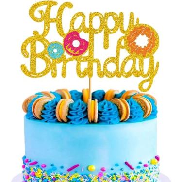 Imagem de Gloryhour Topo de bolo de aniversário feliz, decoração de festa de bolo, bolo, bolo, bolo, glitter dourado para meninas, crianças, donuts, aniversário temático - dupla face (17 cm x 12 cm)