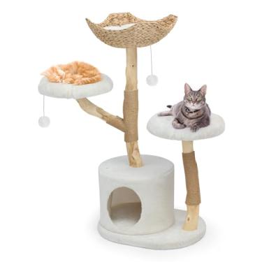 Imagem de Torre de madeira maciça para gatos, moderna de vários níveis com 2 poleiros de flores, poste para arranhar, bola pendurada - móveis de luxo para gatos Boho com condomínio e cesta de vime para gatos em