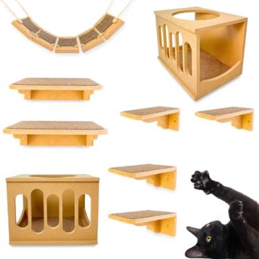 Imagem de BT WOOD Kit Playground para Gatos, MDF 15mm Cru, 9 Peças, Montado com Carpete, Design Wave, Suporta até 25kg (Carpete Marrom)