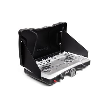 Imagem de Coleman Triton+ Fogão de acampamento a propano de 2 bocas com ignição InstaStart, fogão portátil para acampamento com 2 queimadores ajustáveis e protetores de vento, 22.000 BTUs de potência para