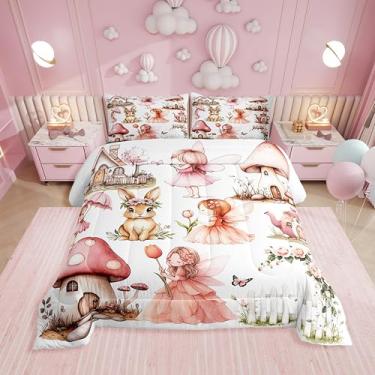 Imagem de Erosebridal Jogo de cama solteiro de jardim de fadas rosa - Jogo de cama floral de cogumelo para meninas e crianças, conjunto de cama de coelhinho com flor de borboleta, decoração de quarto feminino