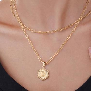 Imagem de Colar hexagonal banhado a ouro com pingente de alfabeto personalizado, pingente de monograma A-Z para mulheres, F, Aço inoxidável, Sem Pedra Preciosa