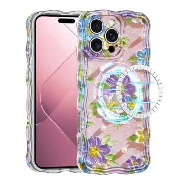 Imagem de LONTECT Capa para iPhone 16 Pro Max, [compatível com MagSafe] Capa protetora de TPU (poliuretano termoplástico) com pintura a óleo impressa a laser com estampa fina e fofa ondulada borda ondulada para